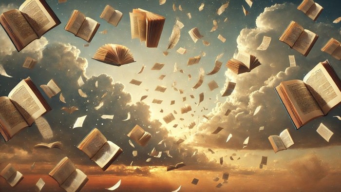Viele Bücher schweben im Himmel, einige Seiten fliegen herum