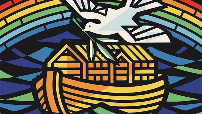 Billedet forestiller en hvid duve som flyver over en ark på et farverigt glasmaleri.