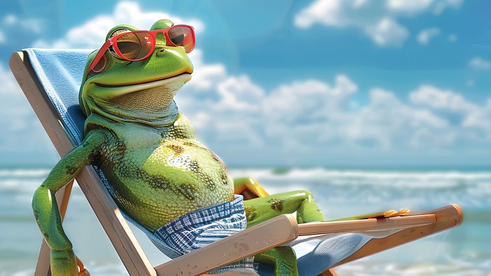 Ein Frosch im Liegestuhl am Strand.