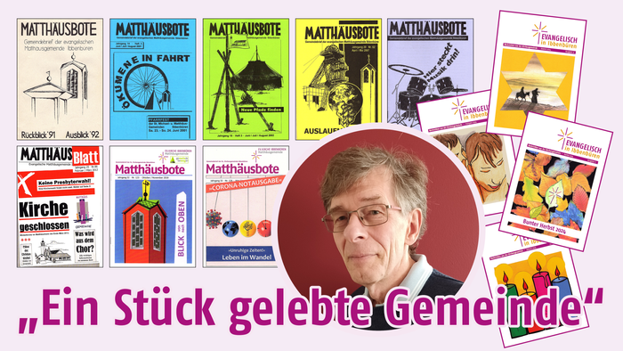 Man sieht ein Portraitfoto von Jochen Sandweg und im Hintergrund einige seiner gestalteten Titelbilder.