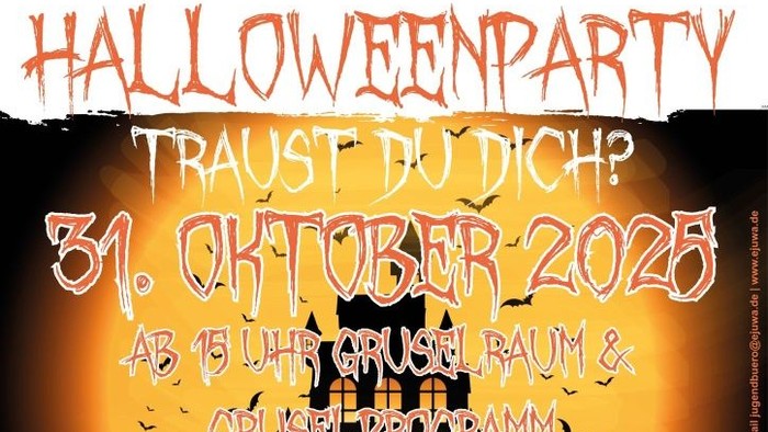 Plakat für die Halloweenparty am 31.10.2025 im Kinder- und Jugendhaus Preins Feld.
