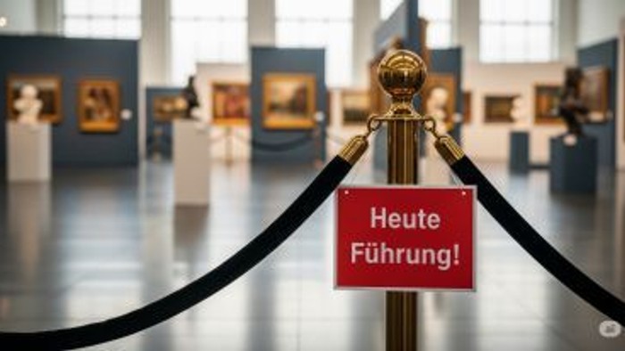 Im Hintergrund eine Bildergalerie, im Vordergrund ein Schild mit Heute Führung