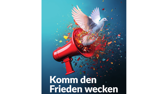 Aus einem Megafon kommen viel bunte Schnipsel und eine Friedenstaube. Text: Komm den Frieden wecken