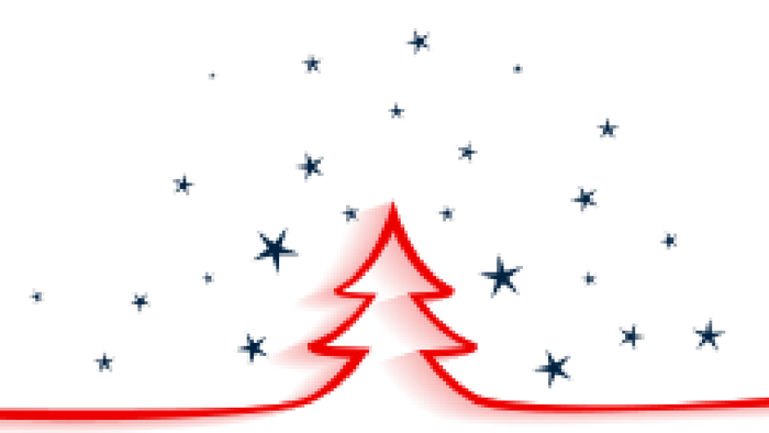 Ein Tannenbaum in einer roten Linie von links nach rechts mit blauen Sternen darüber