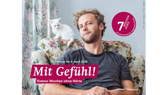 junger Mann mit Kinnbart und grauem T-Shirt sitzt in Ohrensessel, über ihm eine kleine weiße Katze