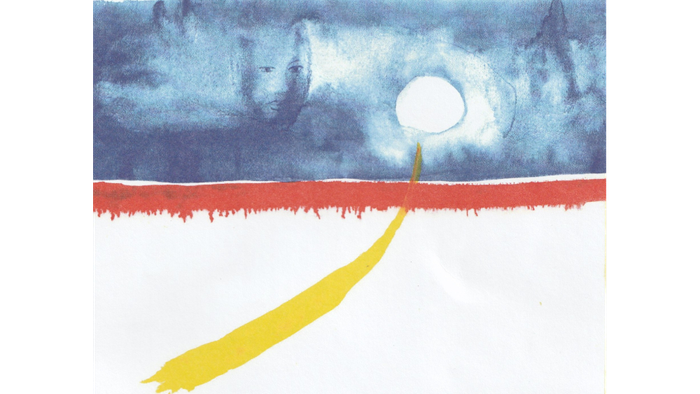 Oberer Teil des Bildes blau mit einem Gesicht und einer weißen Kreis (Mond/Himmelspforte), in der Mitte roter Streifen (Horizont), darunter weiße Fläche, aus der von linksunten eine schmaler werdende Pinselstrich in den weißen Kreis führt.