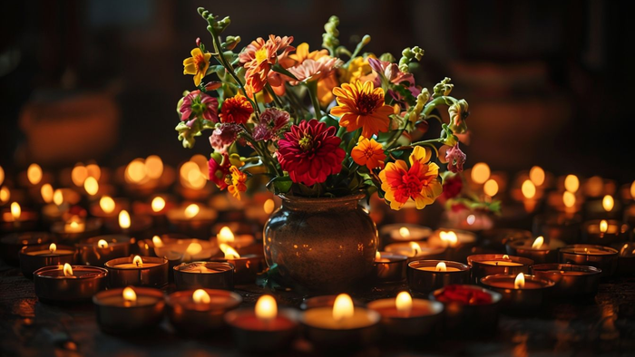 Ein Blumenstrauß in einer Vase umgeben von zahlreichen brennenden Kerzen