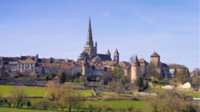 Historische Stadt mit markantem Kathedralturm und mittelalterlicher Architektur, eingebettet in grüne Landschaft.