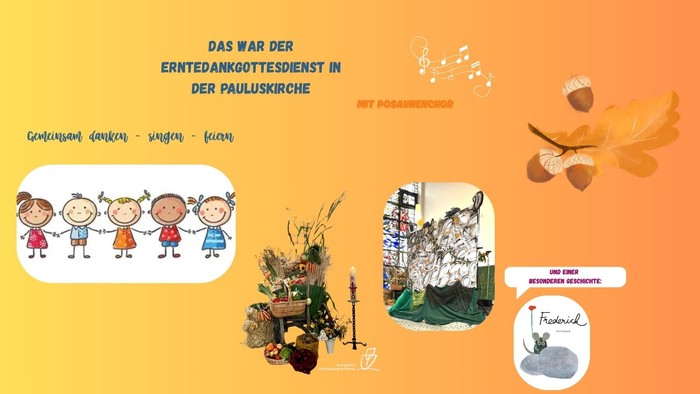 Das Bild zeigt eine bunte und informative Darstellung über das Thema Ernährung und Nachhaltigkeit in der Palukuskirche, mit Illustrationen von Kindern, Pflanzen und einem Fisch.