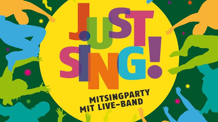 Bunter Mitsingparty-Musikerkreis mit Live-Band und farbenfrohen Silhouetten
