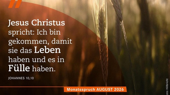 Ein ruhiges Weizenfeld-Bild mit einem deutschen Bibelvers über Jesus, der ein erfülltes Leben schenkt, beschriftet mit „August 2026“.