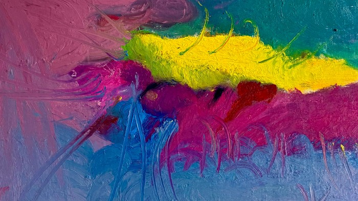 Helles abstraktes Gemälde mit kräftigen, sich überlappenden Farben in Pink, Gelb, Grün und Blau.