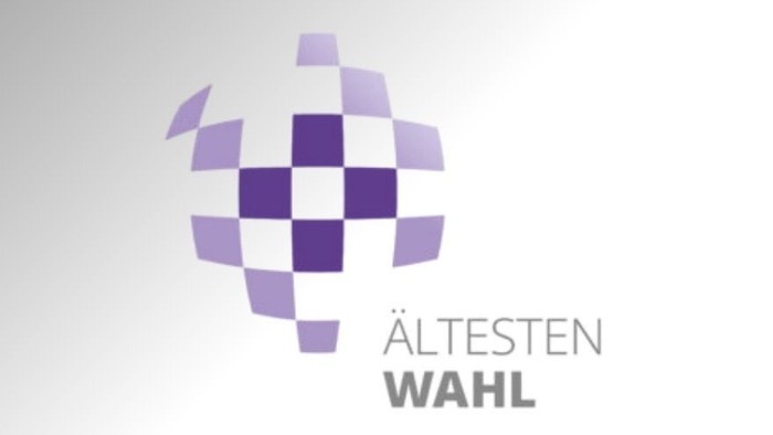 Text 'Ältestenwahl' mit lila Karos als Kugel angeordnet
