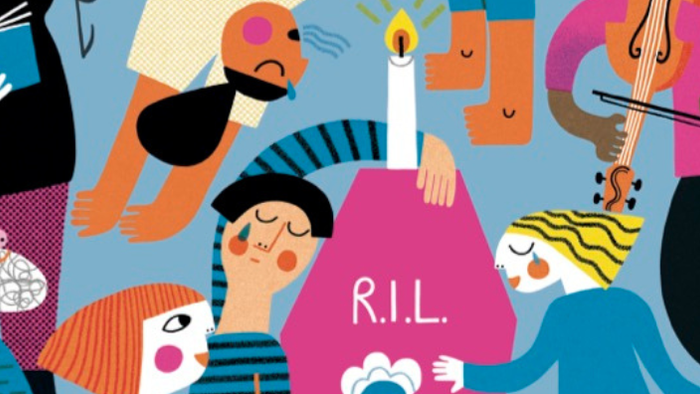 Bunte Illustration im Kinderbuchstil: Menschen unterschiedlichen Alters gruppieren sich um einen pinkfarbenen Sarg, auf dem R. I. L. steht - Rest in Love