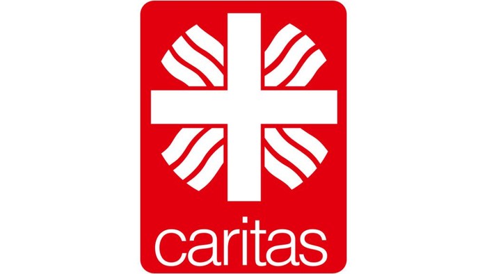 Das Logo von Caritas mit einem roten Quadrat und weißem Kreuz.