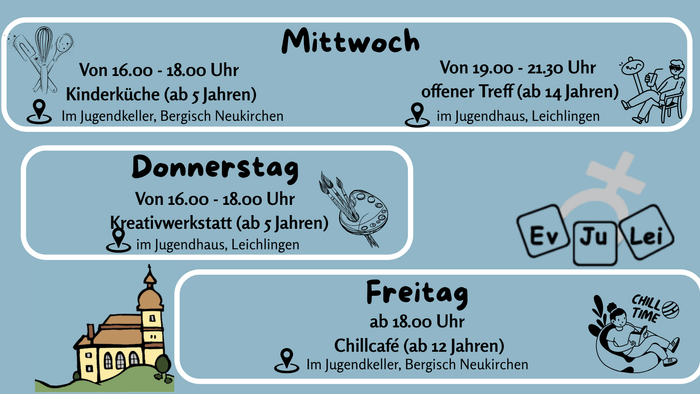 Das Bild zeigt einen Wochenplan für Kinder- und Jugendaktivitäten in verschiedenen Orten.