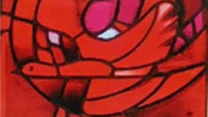 Ein lebendiges abstraktes Bild mit roten und schwarzen, wirbelnden Mustern.