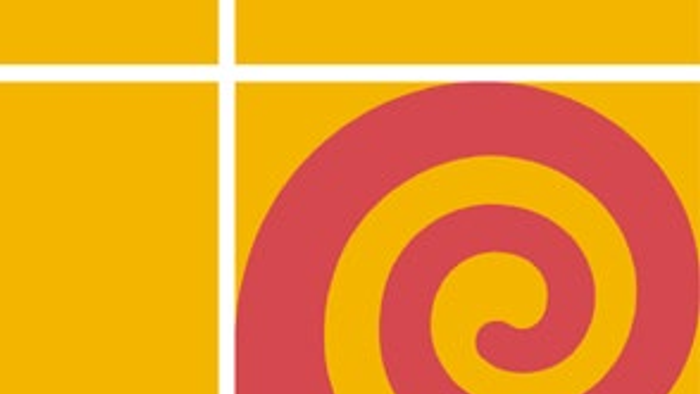 Das Bild zeigt eine gelbe Fläche mit einer roten Spirale und einem weißen Kreuz.