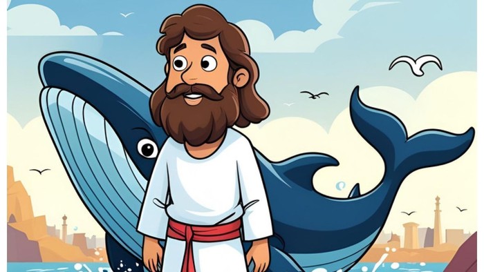 Ein bärtiger Mann in weißem Gewand steht am Strand neben einem Wal, während Möwen fliegen.