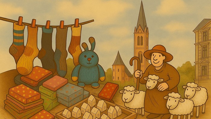Ein Schäfer mit Schafen, ein Teddybär und bunte Socken vor einem Dorf mit Kirche