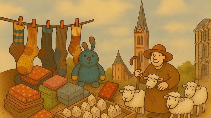 Ein Schäfer mit Schafen, ein Teddybär und bunte Socken vor einem Dorf mit Kirche