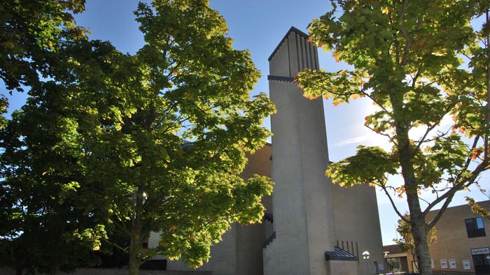 En kirke med to høje tårne mellem to store træer
