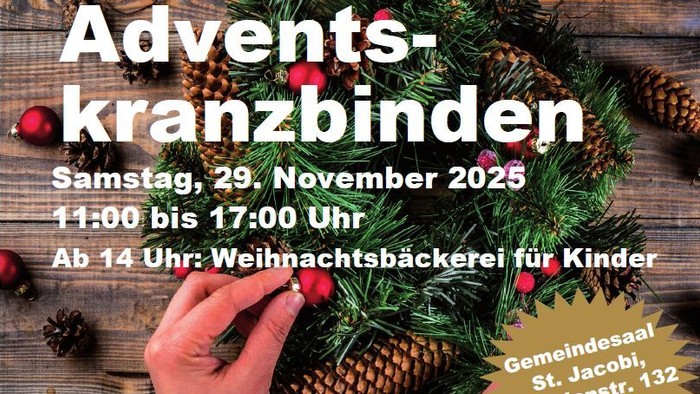 Adventskranzbinden-Event am 29. November 2025, 11:00 bis 17:00 Uhr, mit Weihnachtsbäckerei für Kinder