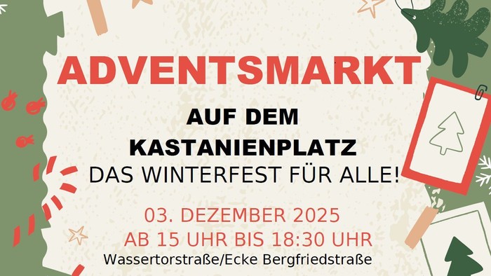 Adventsmarkt auf dem Kastanienplatz mit Winterfest am 03. Dezember 2025 von 15 bis 18:30 Uhr