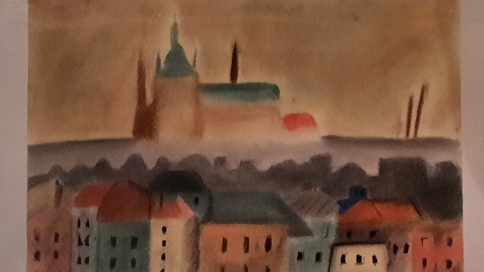 Das Bild zeigt eine gemalte Stadtlandschaft mit Gebäuden und einem Turm.