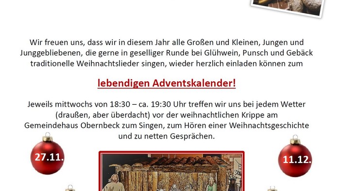 Das Bild zeigt einen Adventskalender mit Weihnachtsmotiven und Text in deutscher Sprache.