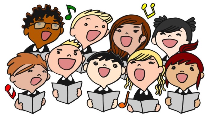 Children's choir singing together, each holding a music book.