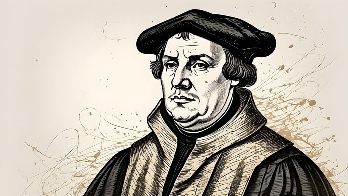 Das Bild zeigt eine detaillierte schwarz-weiße Illustration eines Mannes im historischen Gewand mit Hut.