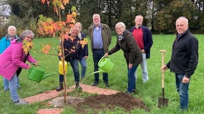 Bild: Mitglieder des Presbyteriums pflanzen einen Liquid Amber Baum auf dem Friedhof.