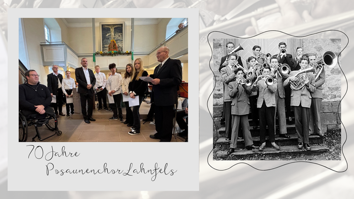 Feier und historisches Foto des Posaunenchors Lahnfels zum 70-jährigen Jubiläum.