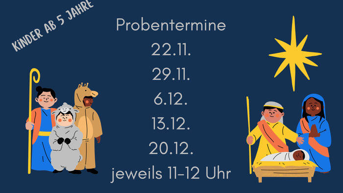 Das Bild zeigt Termine und Veranstaltungen für eine Krippenspielveranstaltung, darunter Kinder- und Jugendproben sowie die Aufführung.