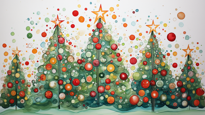 En glædelig juleforest med pyntede træer og farverige kugler.