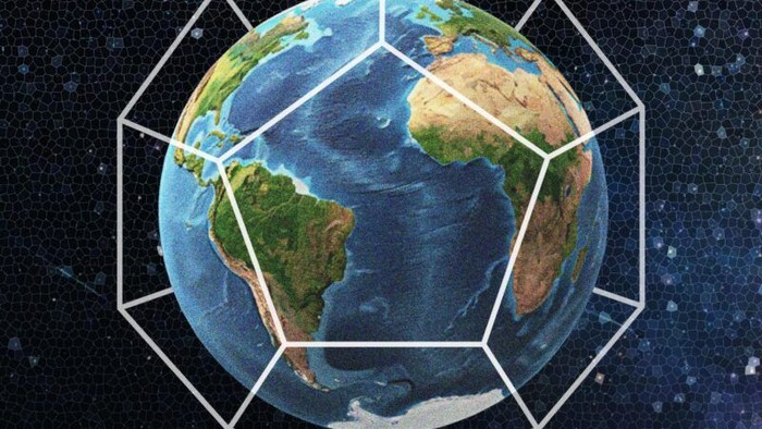 Das Bild zeigt eine kugelförmige Darstellung der Erde mit einem geometrischen Muster, vor einem Weltraumhintergrund.