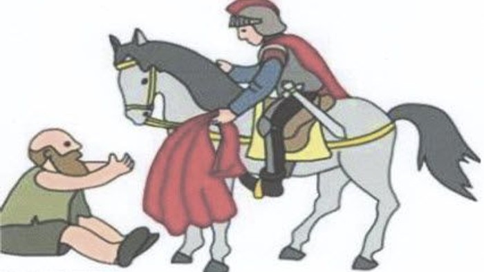 Ein Ritter auf einem Pferd tritt einen Mann am Boden.