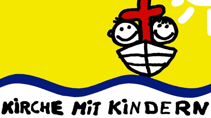 Ein fröhliches Kind mit einem roten Kreuz auf dem Kopf vor einem gelben Hintergrund mit der Aufschrift