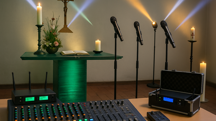 Kirchenbühne mit Kreuz, Kerzen, Mikrofonen und Tontechnik.