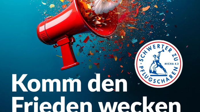 Poster für ökumenische Friedensdekade mit Taube und Megafon
