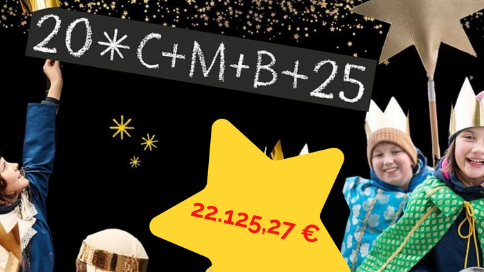 Menschen feiern Weihnachten mit einem Schild und einem Sternendekoration, Text auf Deutsch.