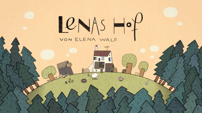 Titelbild der Trickfilmserie Lenas Hof von Elena Warf. Auf einer Anhöhe, die wie ein Halbkugel gebogen ist, steht ein Hof. Links davon eine Scheune. Davor Tiere. Umgeben von dunklen Bäumen eines großen Waldes.