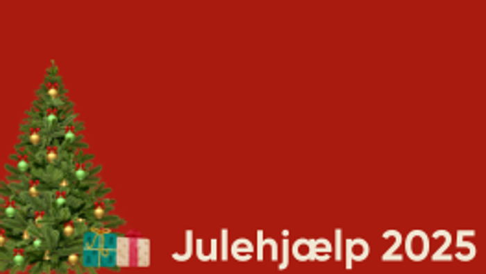 Juletræ med tekst ”Julehjulip 2025” på rød baggrund.