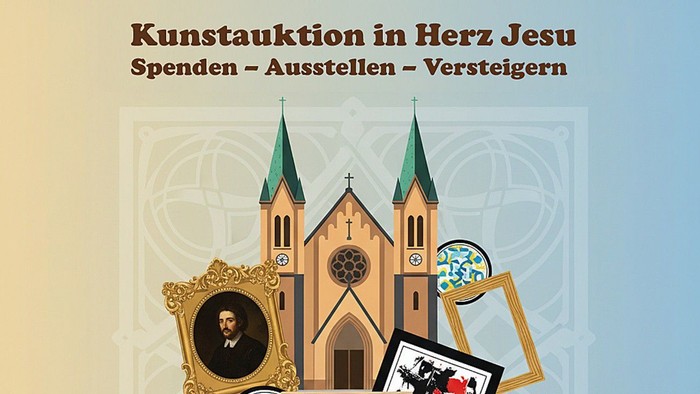 Kunstausstellung in der Herz-Jesu-Kirche mit verschiedenen Kunstwerken und einer Versteigerung für wohltätige Zwecke.