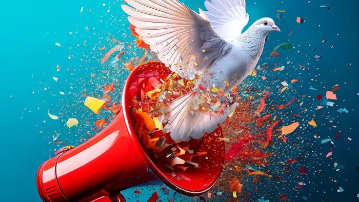 Weiße Taube fliegt aus rotem Megafon, umgeben von bunten Papierstücken.