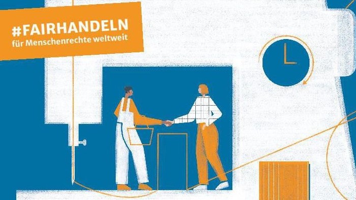 Unter einer symbolischen Nähmaschine geben sich zwei Personen die Hand.