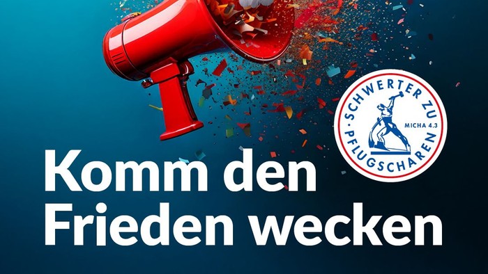 Ein Megafon mit Taube und Konfetti, Text: 