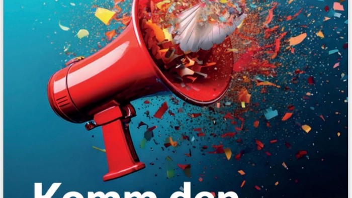 Plakat für die Veranstaltung *„Ökumenische Friedensdekade“* mit Taube und Megafon, November 2025.