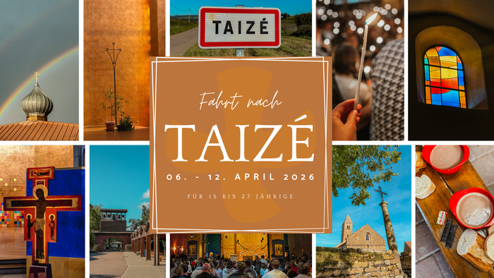 Collage aus verschiedenen Szenen und Ereignissen aus Taizé, darunter religiöse Symbole, bunte Kirchenfenster und Gemeinschaftsversammlungen, zur Bewerbung einer Veranstaltung vom 6. bis 12. April 2026.
